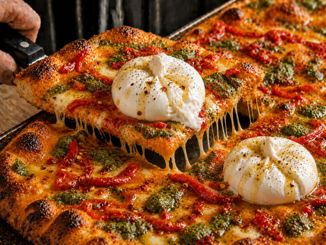 Sicilian Spicy Vodka & Burrata Pizza.