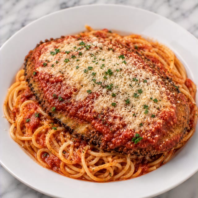 Eggplant Parmesan with Spaghetti.