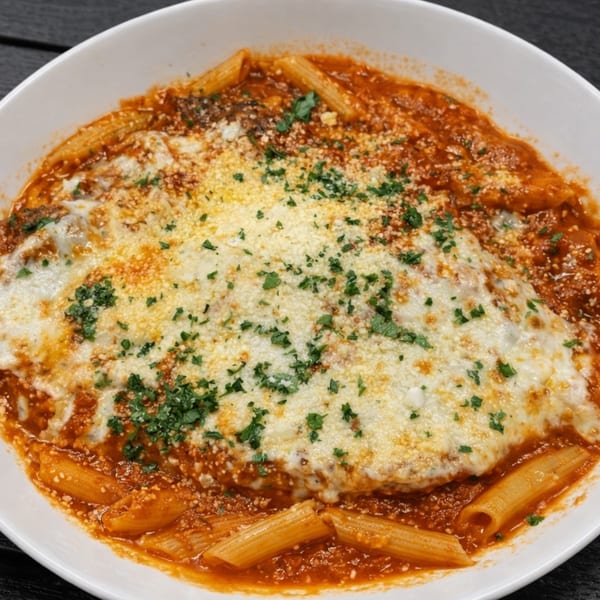 Chicken Parmesan with penne pasta, melted cheese, and marinara sauce, garnished with parsley.