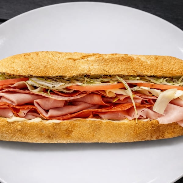 A large Italian sub sandwich with ham, salami, cheese, lettuce, and tomatoes on a white plate.
