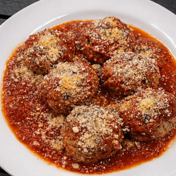 A close-up of six large meatballs covered in red sauce, parmesan cheese, and herbs on a white plate.