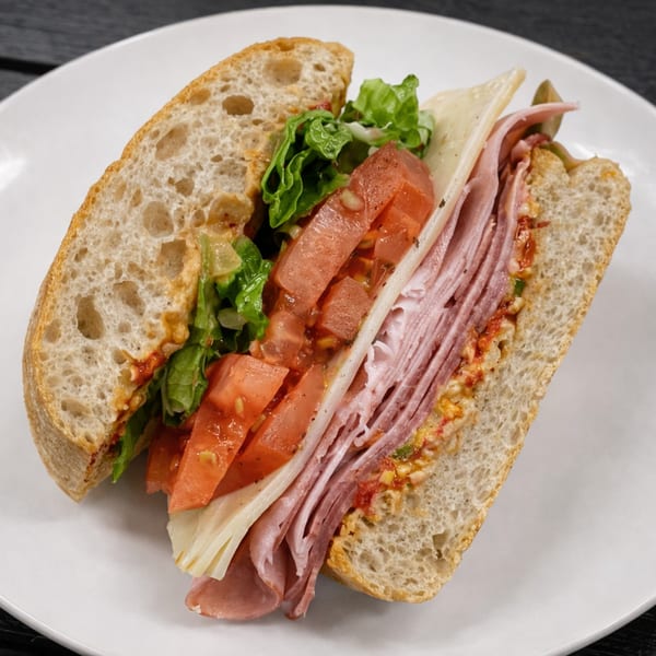 A large deli sandwich with ham, cheese, lettuce, and diced tomatoes on ciabatta bread.