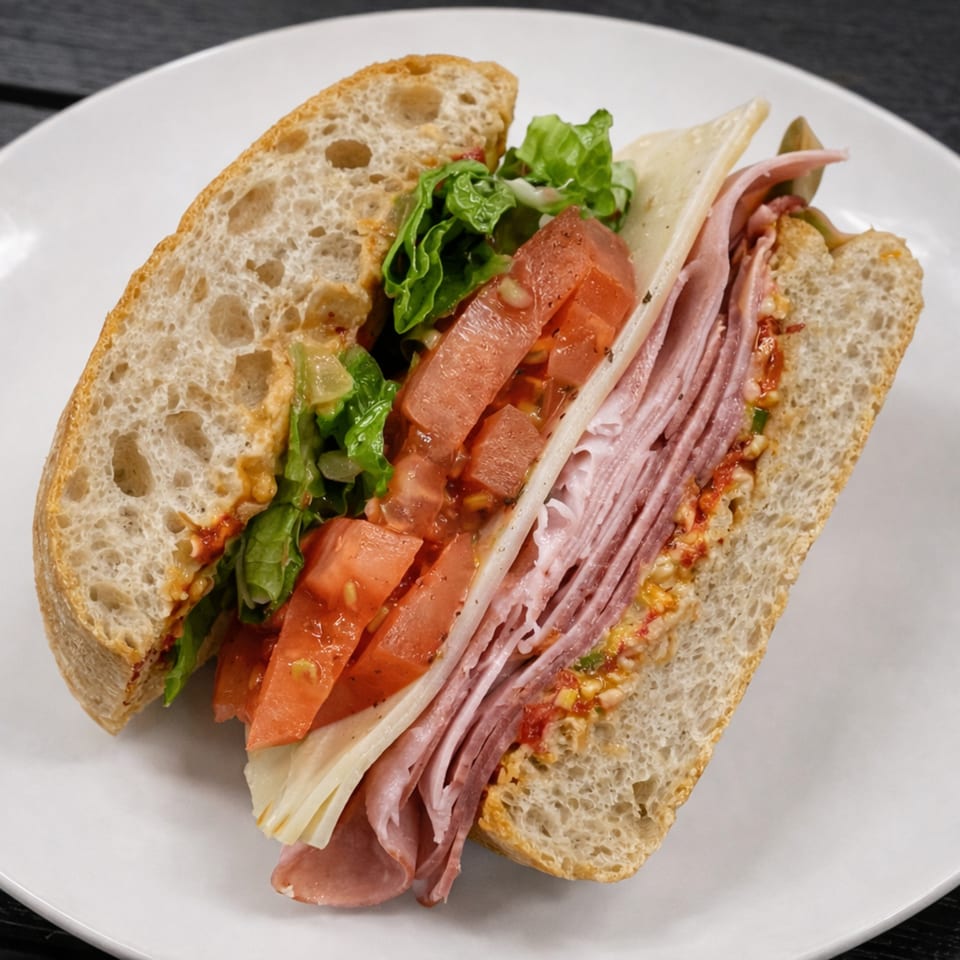 A large deli sandwich with ham, cheese, lettuce, and diced tomatoes on ciabatta bread.